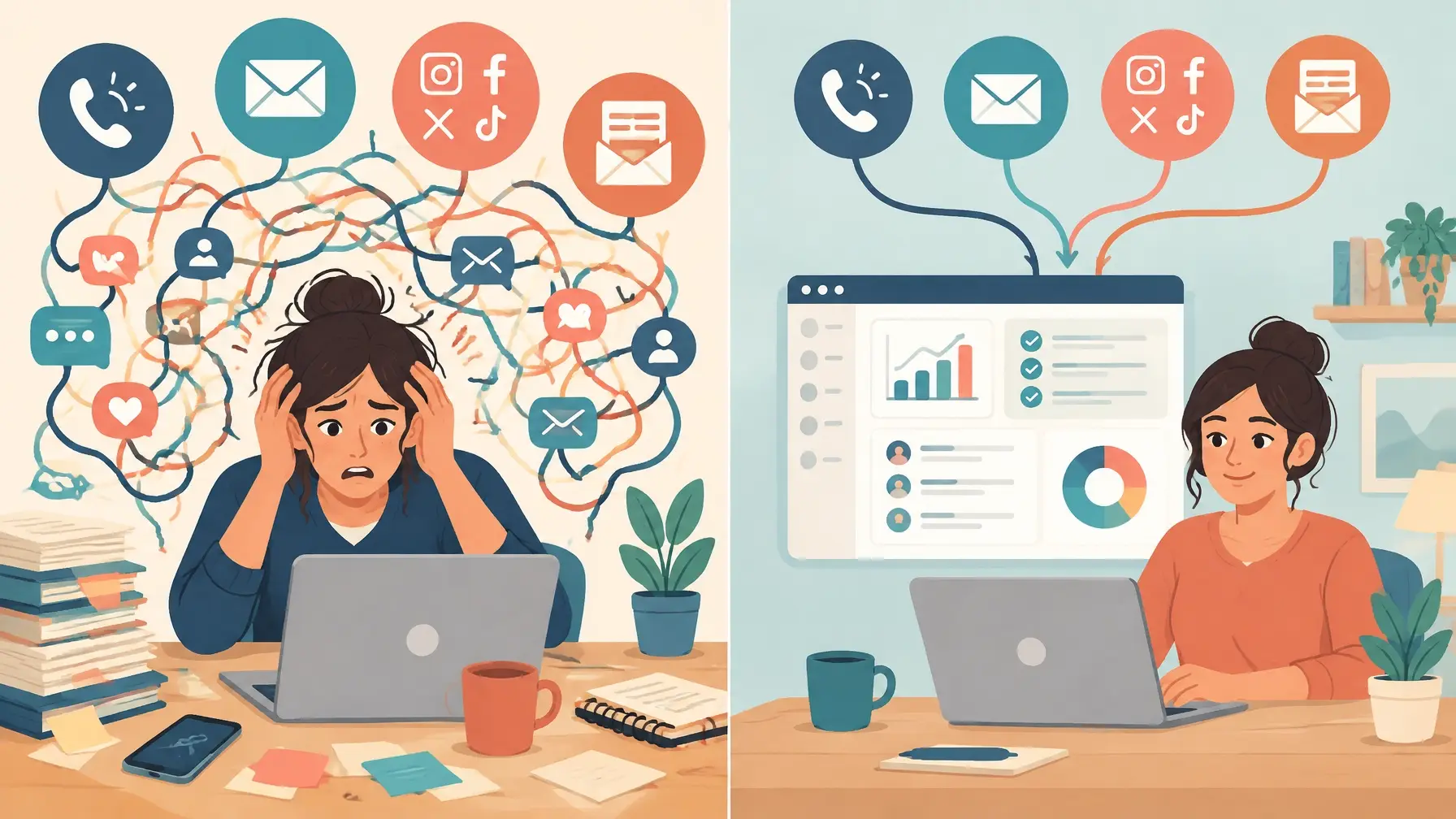 Before-and-after illustration of chaotic digital tasks becoming an organized business workflow