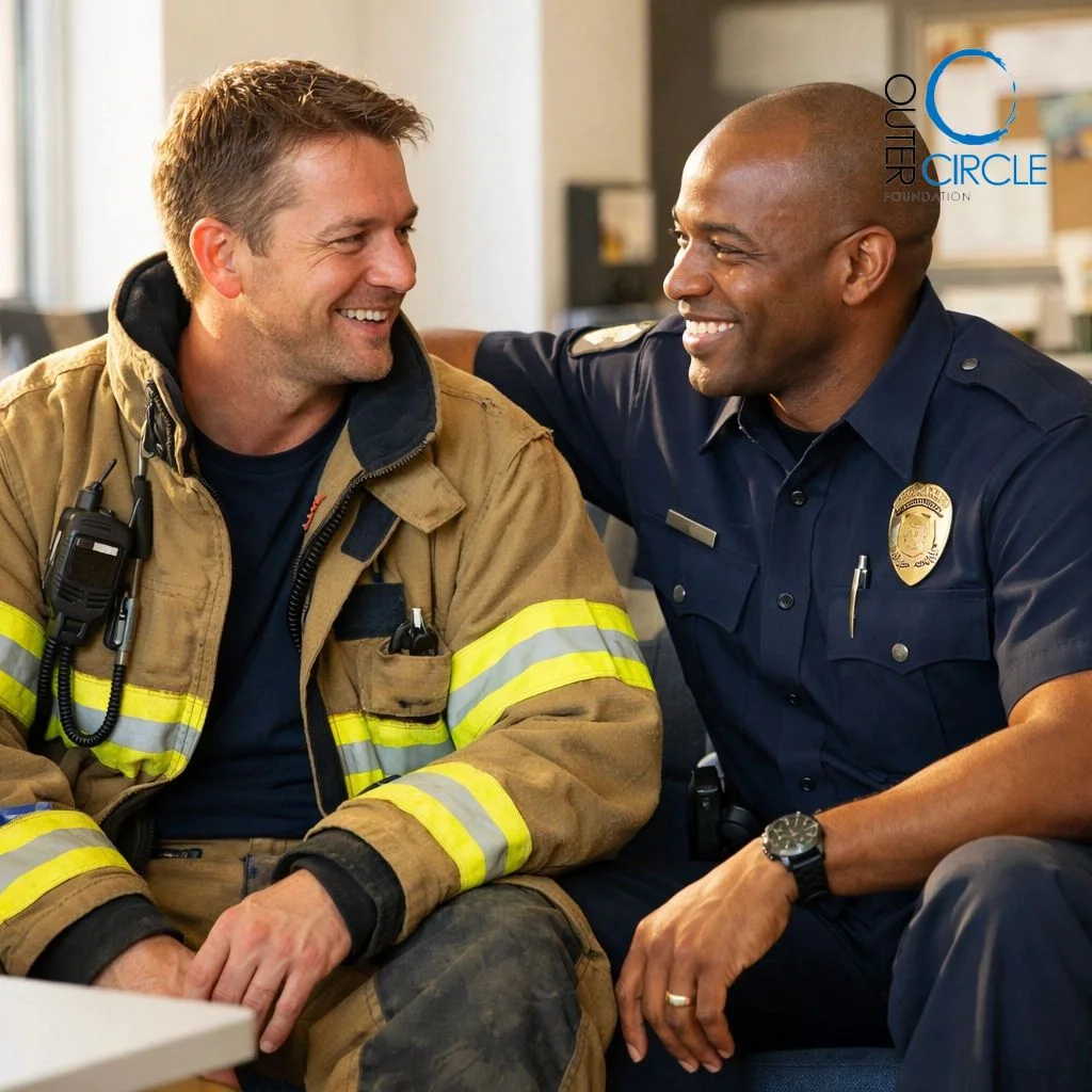 A firefighter and a police officer laughing together — the community Outer Circle Foundation supports.